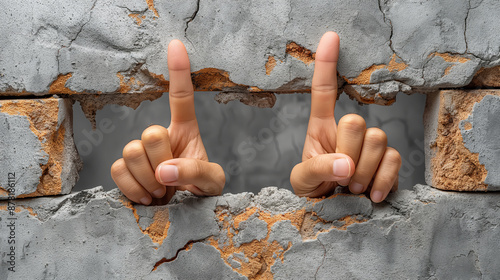 Two hands with middle fingers up through cracks in a grey wall, concept of freedom in the style of gives right to break out. The hands are shown through cracks in the wall.