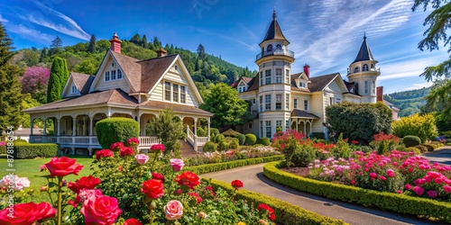 Picturesque town of Roseburg, Oregon with charming Victorian architecture and blooming rose gardens photo