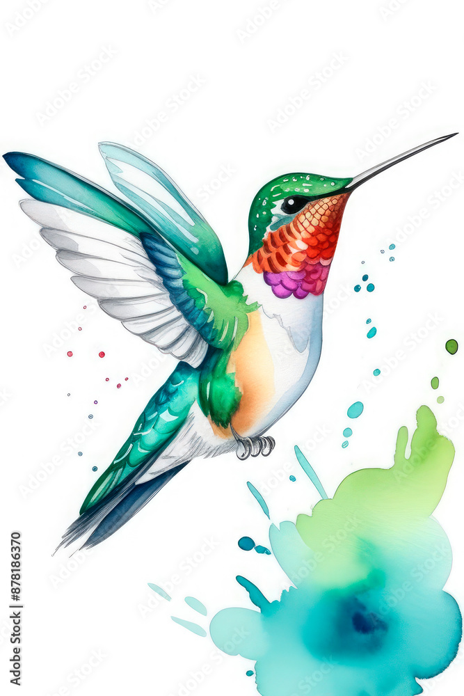 Obraz premium Hand-painted watercolor flying hummingbird. Artistic image of animals and birds for design of zoological books, articles, postcard design and other printed publications