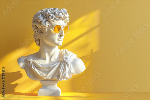 ancient greek god white sculpture wearing fashionable sunglasses in solid yellow background/banner/wallpaper photo