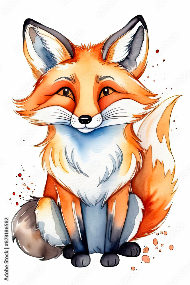 Obraz premium Hand-painted watercolor fox. Artistic image of animals and birds for the design of zoological books, articles, postcard design and other printed publications