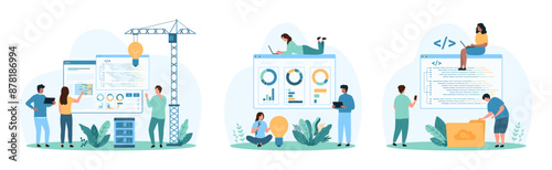 Software development and coding set. Tiny people brainstorm on data visualization with light bulb to find creative solution, build program structure or mobile application cartoon vector illustration