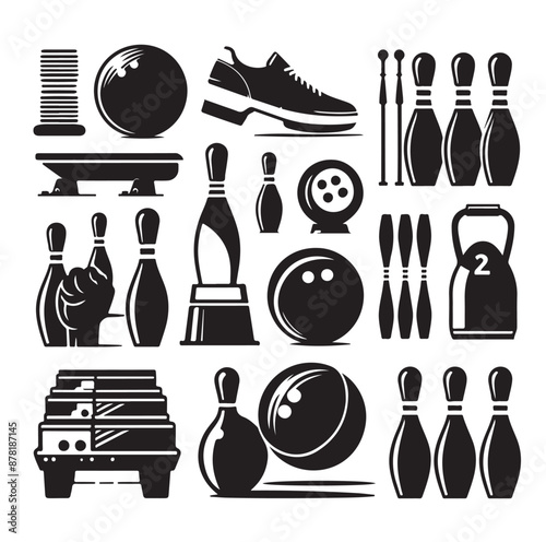 minimal Bowling sports equipment set collection silhouette vector