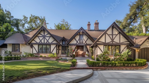 Suburban ranch with a Tudor-style facade, featuring half-timbered walls and a steeply pitched roof