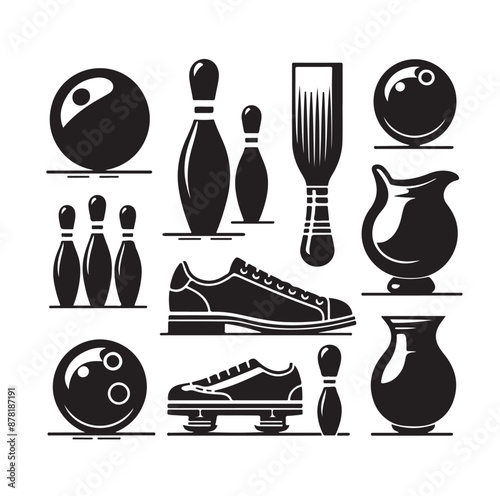 minimal Bowling sports equipment set collection silhouette vector