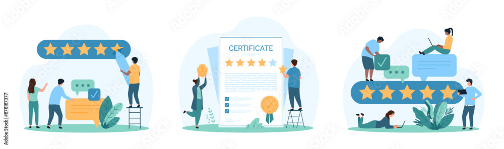 Customer review, certificate and satisfaction survey form with positive feedback set. Tiny people draw five stars with marker, give opinion about experience in comments cartoon vector illustration Customer review, certificate and satisfaction survey form with positive feedback set. Tiny people draw five stars with marker, give opinion about experience in comments cartoon vector illustration