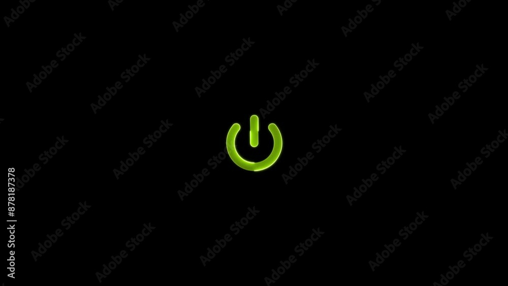 Neon power button icon animation on a black background. Glowing neon line power on/off button icon 4k video.