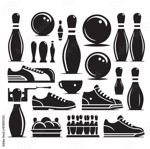 minimal Bowling sports equipment set collection silhouette vector