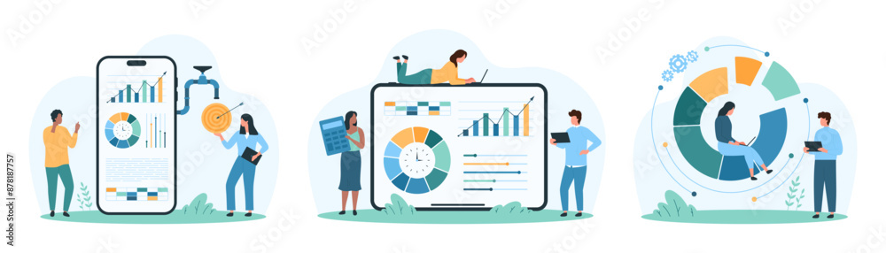 Vetor de Digital data analysis set. Tiny people work with statistic ...