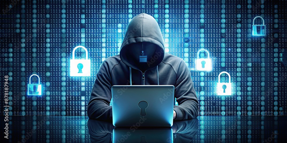 Anonymous hacker in dark hoodie infiltrating computer system with binary code and digital security padlocks