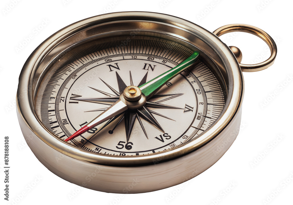 A classic round compass with red, green, and silver needle, cut out - stock png. A classic round compass with red, green, and silver needle, cut out - stock png.