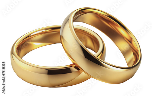 Two shiny gold wedding bands laying intertwined, cut out - stock png.