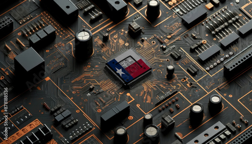 Detailed view of a circuit board with an Texas flag on the microchip, symbolizing the technological prowess and innovation photo