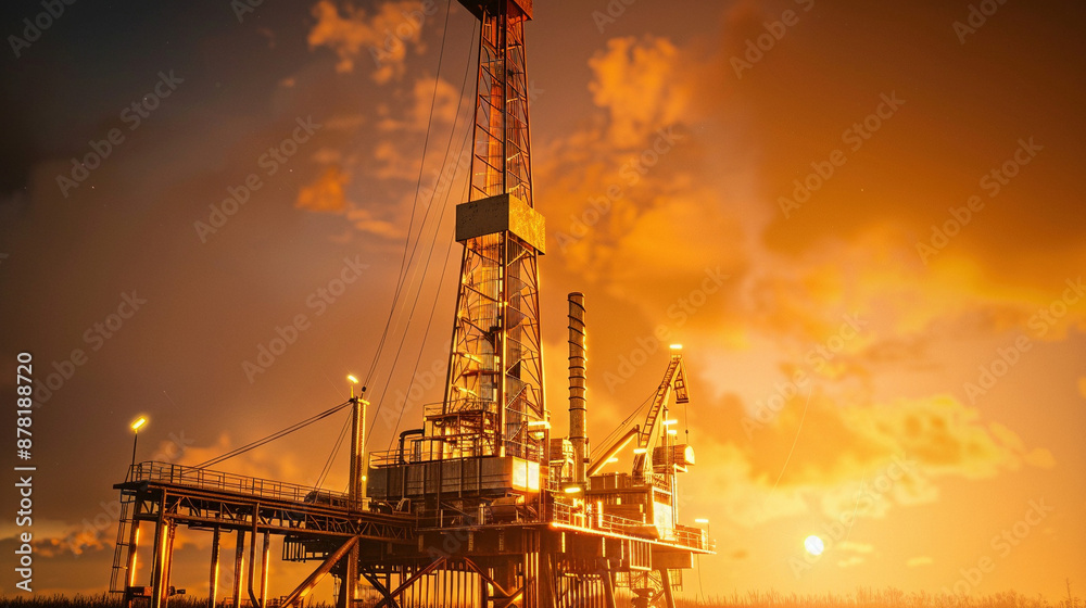 Golden Dawn: Oil Drilling Rig in Radiant Glow Golden Dawn: Oil Drilling Rig in Radiant Glow