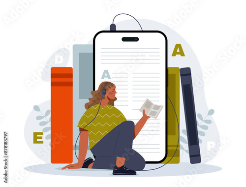 Woman listening to online course. Young girl with book in her hands sits with headphones near her smartphone. Podcast and broadcast. Education and learning. Cartoon vector illustration