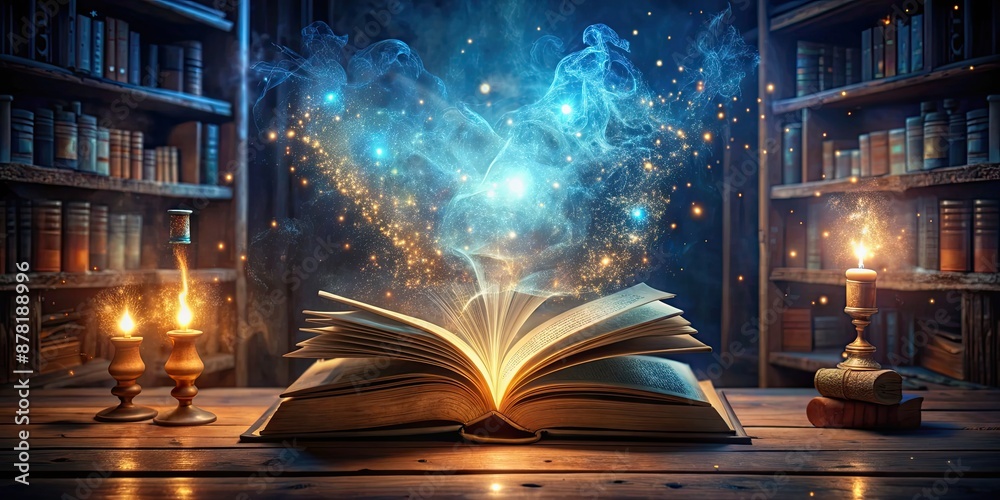 Magic book in a enchanted library with spirits and glowing light, magic, book, library, spirits, light, fantasy Magic book in a enchanted library with spirits and glowing light, magic, book, library, spirits, light, fantasy
