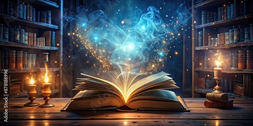 Magic book in a enchanted library with spirits and glowing light, magic, book, library, spirits, light, fantasy