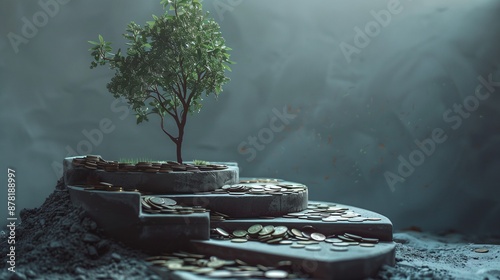 A staircase made of coins leading to a money tree, symbolizing the path to financial development and success.