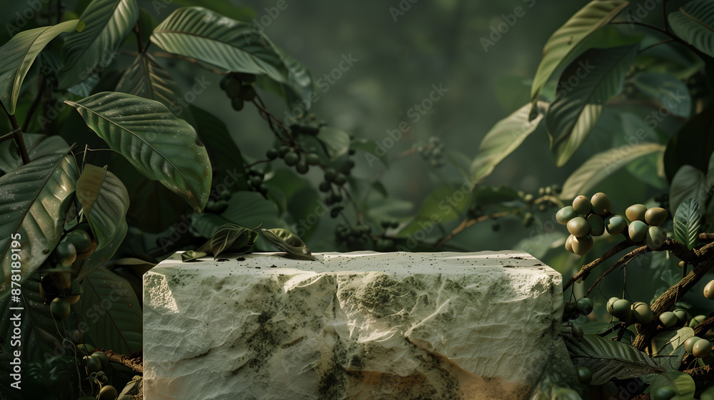 white stone podium in the forest, coffee branches and coffee cherries, cafe background, natural landscape