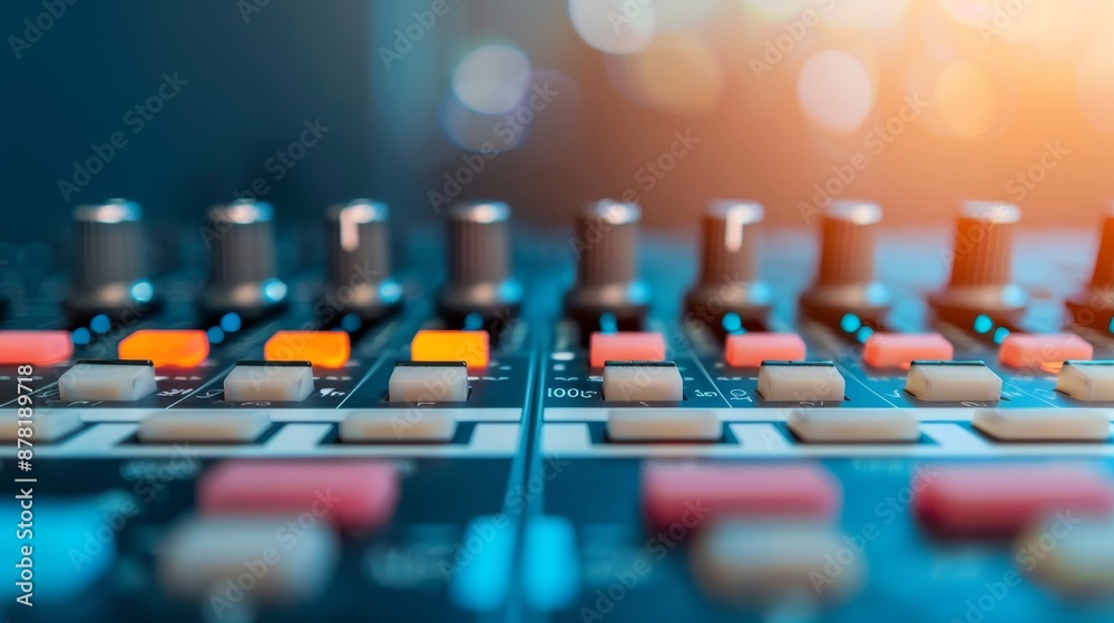 Fototapeta premium Detailed view of an audio mixing console with various knobs and buttons, highlighting the equipment used in sound engineering.