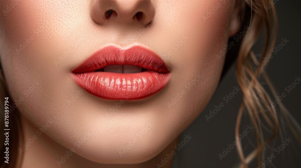 Beautiful young model face lips Close-up. Lip augmentation, woman makes lip shape correction Beautiful young model face lips Close-up. Lip augmentation, woman makes lip shape correction