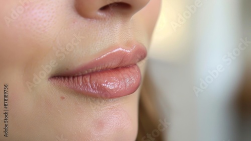 Beautiful young model face lips Close-up. Lip augmentation, woman makes lip shape correction photo