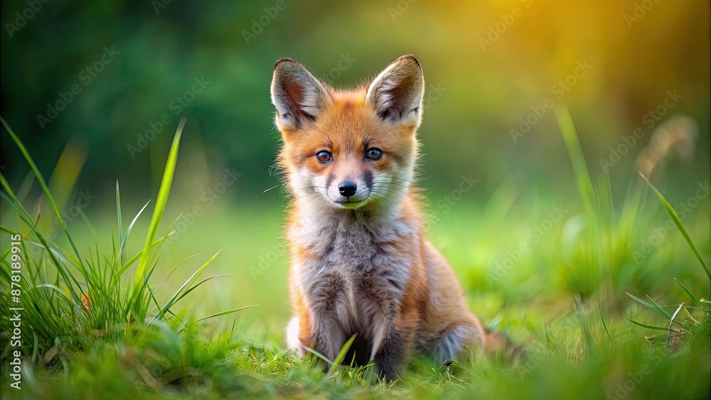 Fototapeta premium Cute fox cub sitting on grass, fox, animal, wildlife, adorable, furry, young, baby, cub, sitting, resting, ground, nature, outdoor
