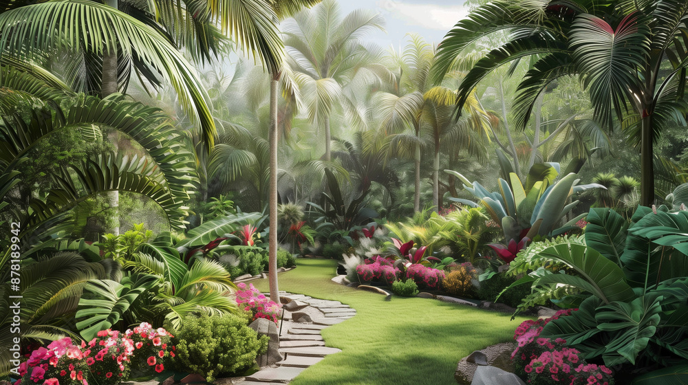 A tropical garden full of palm trees and exotic flowers, turning the yard into a real paradise. A tropical garden full of palm trees and exotic flowers, turning the yard into a real paradise.