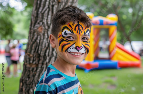 A young boy with face painting of tiger, posing for photo at park during birthday party