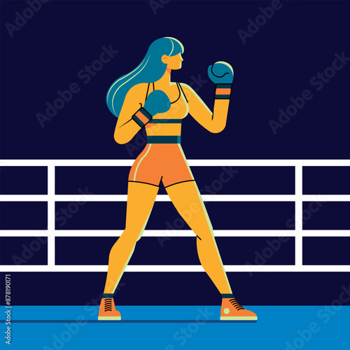Female boxer character, woman on boxing ring, Cartoon minimalist flat vector illustration. flat character boxer woman