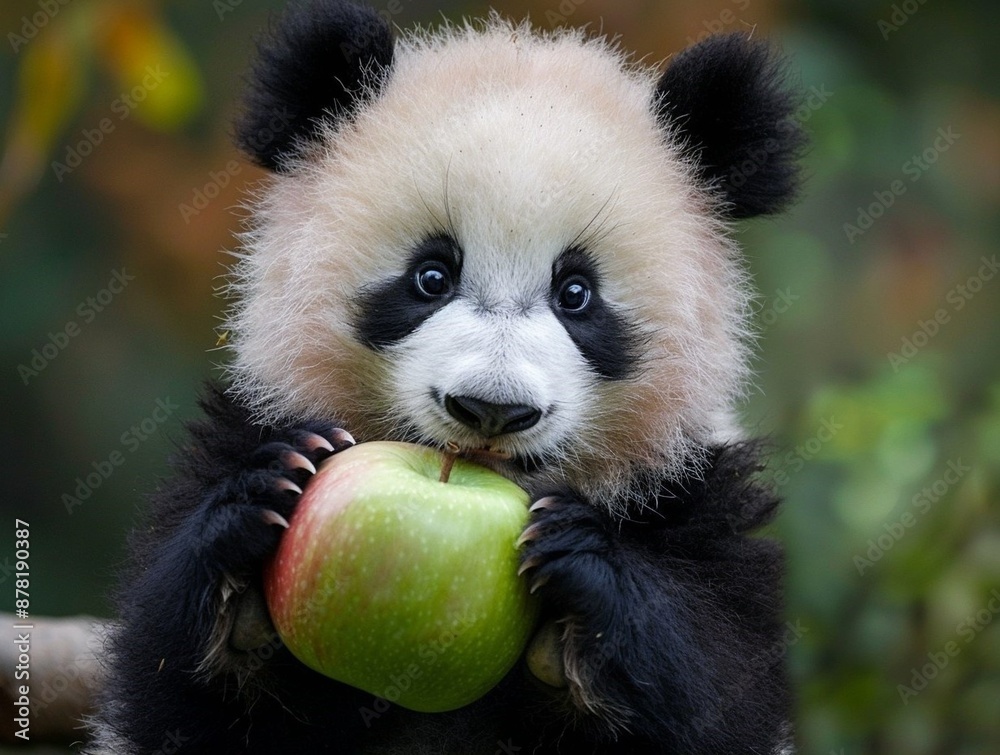 Fototapeta premium Stunning high resolution close-up photos of a baby panda with a big apple. Animal World