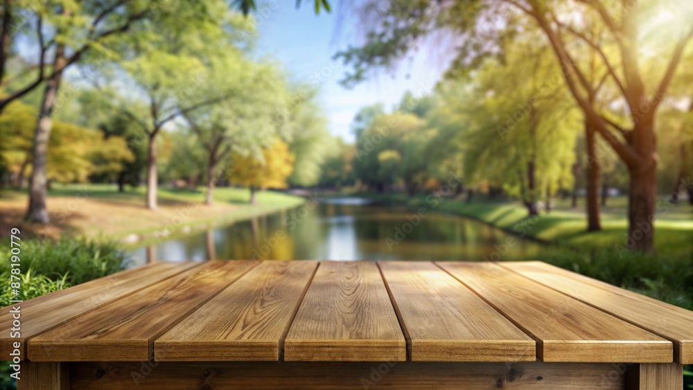 Empty wooden deck table with park bokeh background. Empty wooden deck table with park bokeh background.