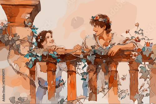 Juliet and Romeo in a moonlit balcony scene, whispering secrets, fearful of discovery, surrounded by ivy and Renaissance architecture, capturing the essence of Shakespearean forbidden love.