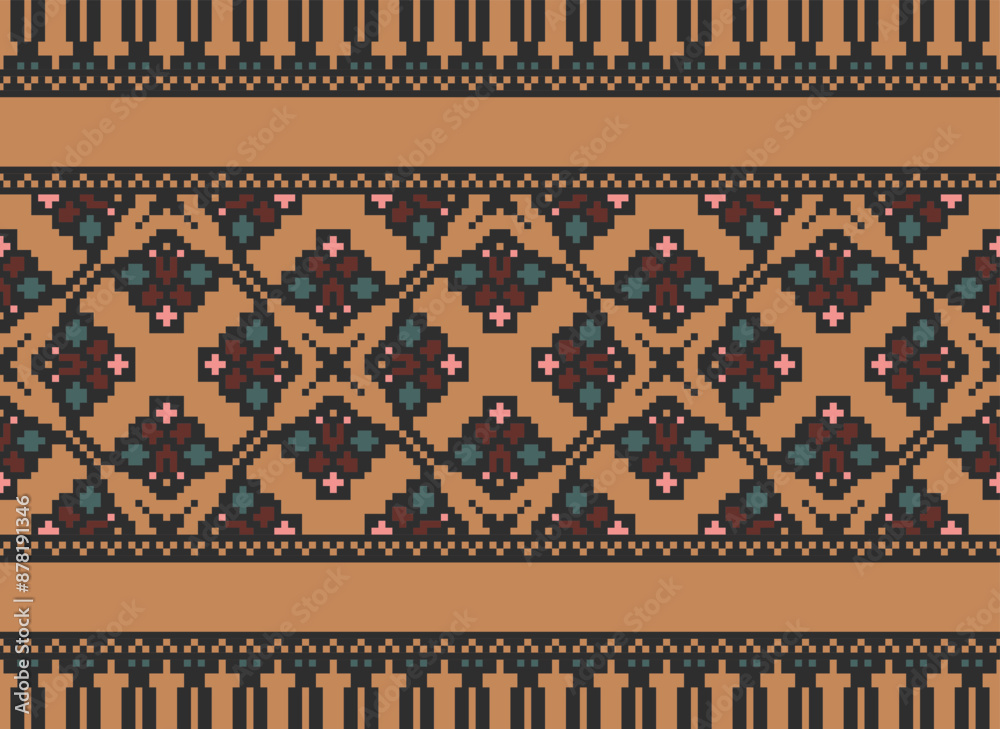 flower embroidery on cream background. ikat and cross stitch geometric seamless pattern ethnic oriental traditional. Aztec style illustration design for carpet, wallpaper, clothing, wrapping, batik. flower embroidery on cream background. ikat and cross stitch geometric seamless pattern ethnic oriental traditional. Aztec style illustration design for carpet, wallpaper, clothing, wrapping, batik.
