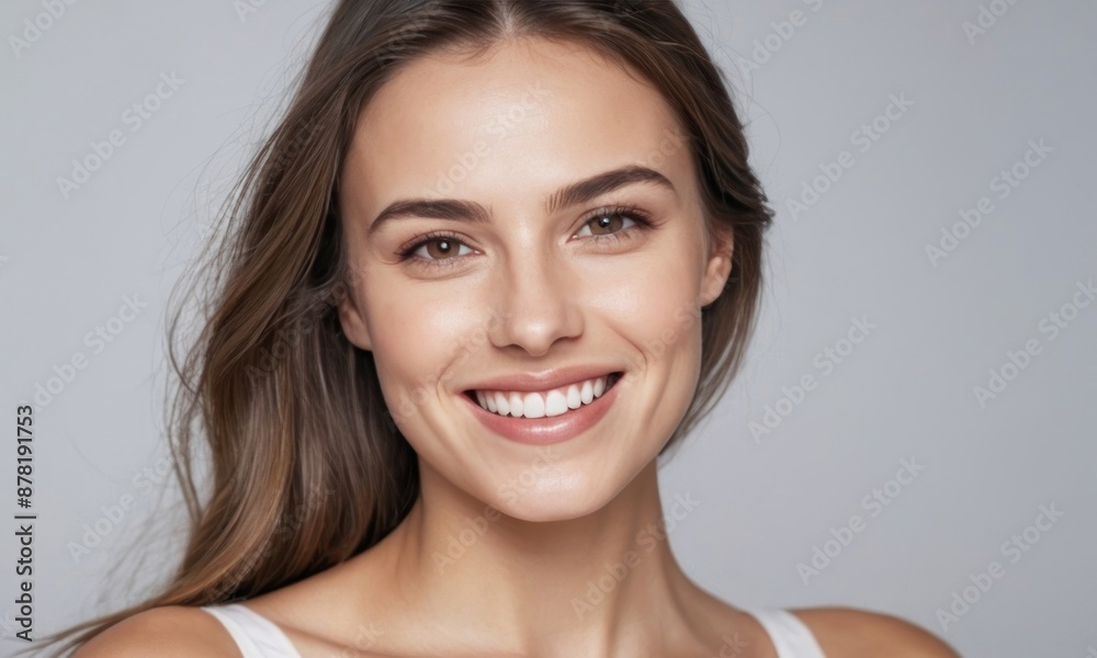 Perfect healthy white teeth smile of a young woman. Dental health or healthy skin concept for dental clinic. Generative AI Perfect healthy white teeth smile of a young woman. Dental health or healthy skin concept for dental clinic. Generative AI