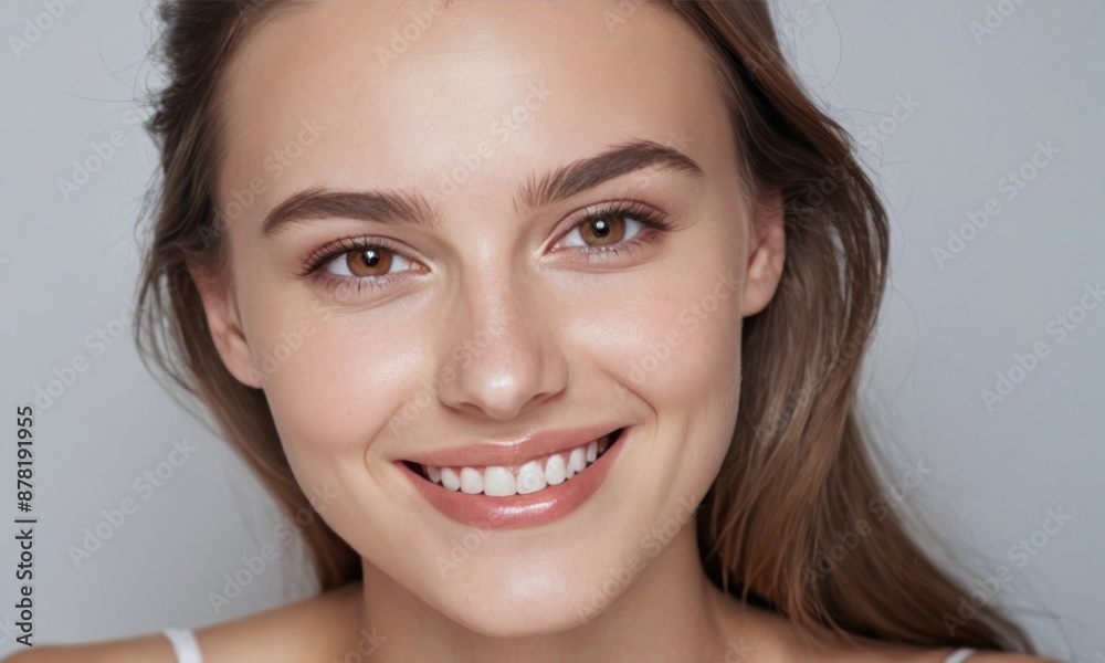 Perfect healthy white teeth smile of a young woman. Dental health or healthy skin concept for dental clinic. Generative AI Perfect healthy white teeth smile of a young woman. Dental health or healthy skin concept for dental clinic. Generative AI
