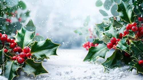 A festive Christmas border background featuring vibrant holly leaves and red berries surrounding a snowy winter scene