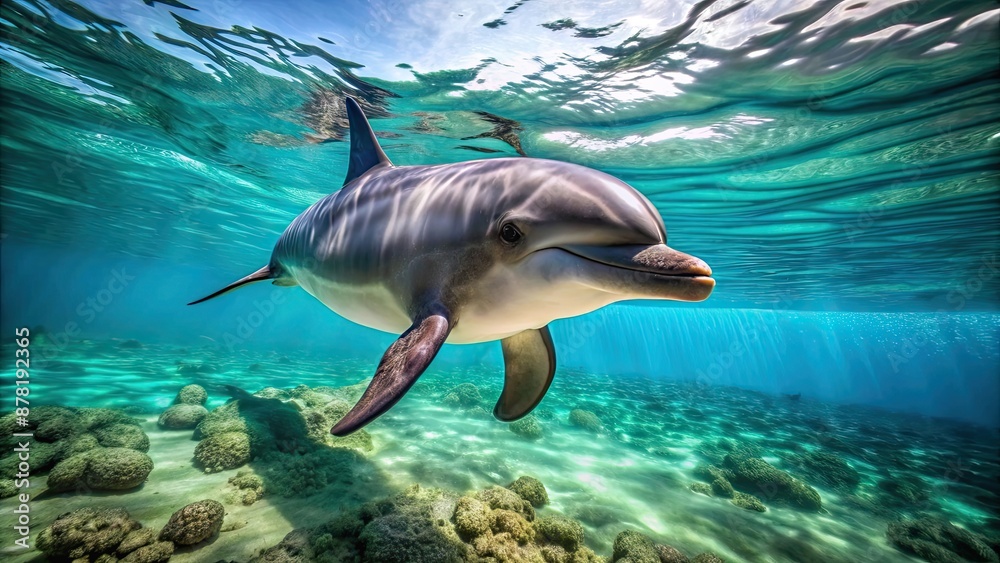 Fototapeta premium Dolphin swimming gracefully underwater on a reef, getting close to the viewer , marine life, underwater, dolphin, reef, ocean