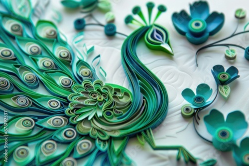 Vibrant emerald paper quilling peacock, showcasing intricate details and elegance in a modern craft style.
