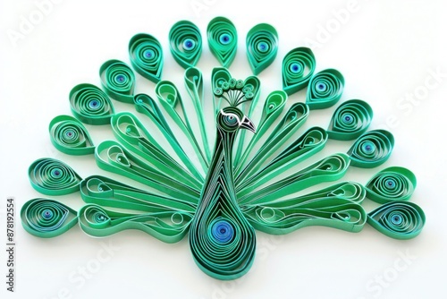 Vibrant emerald paper quilling peacock, showcasing intricate details and elegance in a modern craft style.