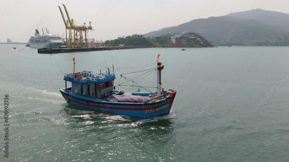 Small Vietnam Fishing Vessel leaving Port Fisherman Boat on the Sea, Pollution Fishing Grounds Fisheries Declining Fish Populations Small Vietnam Fishing Vessel leaving Port Fisherman Boat on the Sea, Pollution Fishing Grounds Fisheries Declining Fish Populations