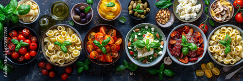 Mini sandwiches with Italian toppings, orecchiette salad, beet salad, pasta arrabbiata photo