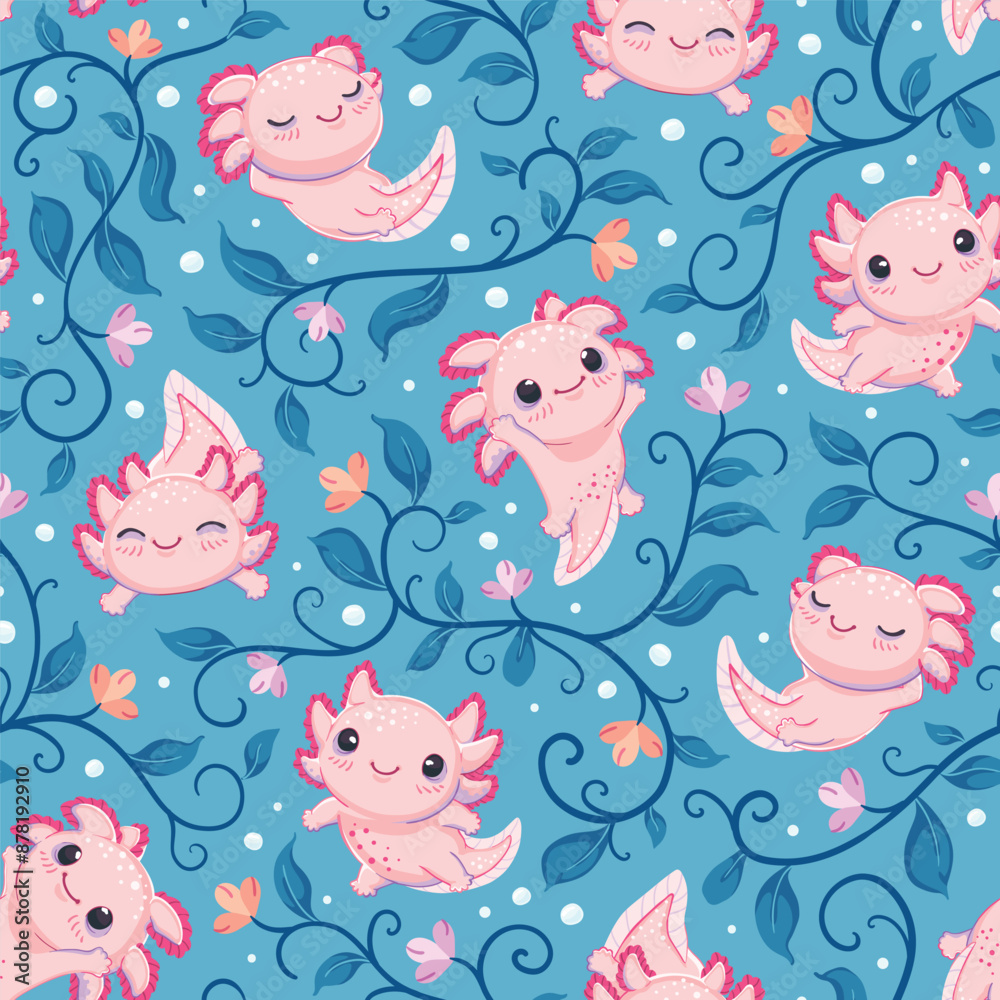 Seamless pattern with cute and happy baby axolotls and algae on a blue background. Repeated surface vector design. Seamless pattern with cute and happy baby axolotls and algae on a blue background. Repeated surface vector design.