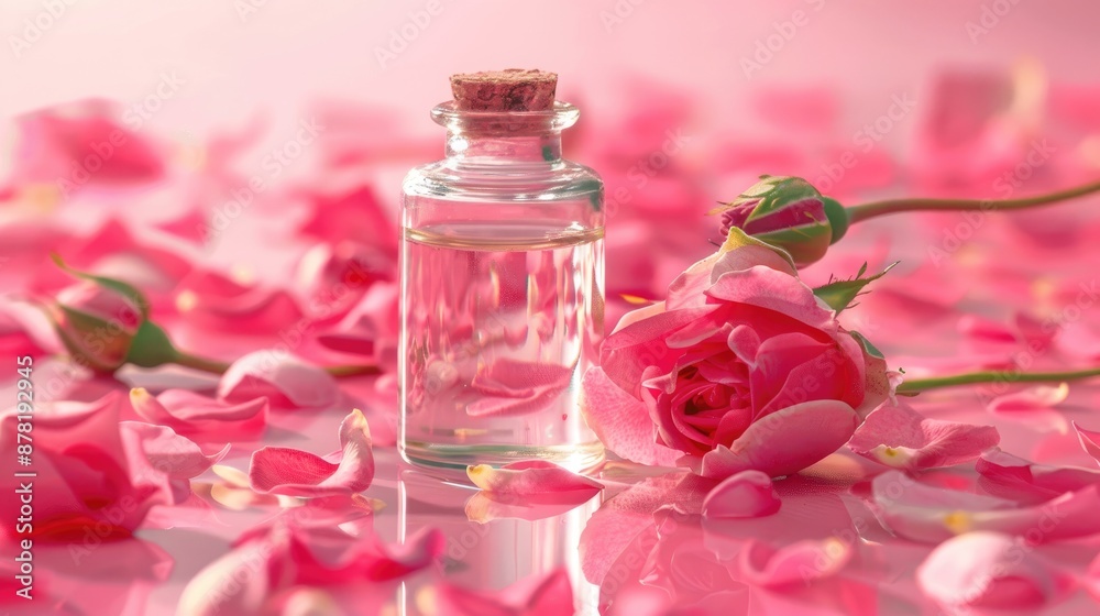 Rose petals and buds in glass bottle with essential oil for face and body skincare Rose petals and buds in glass bottle with essential oil for face and body skincare