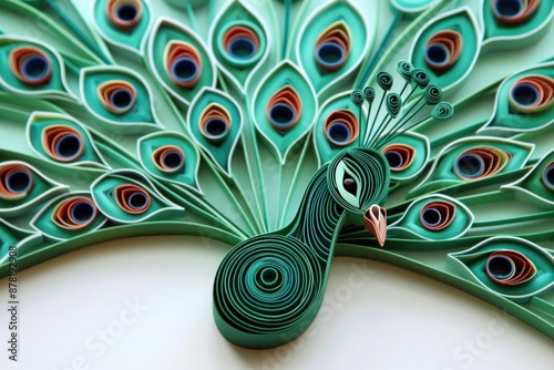 Vibrant emerald paper quilling peacock, showcasing intricate details and elegance in a modern craft style.