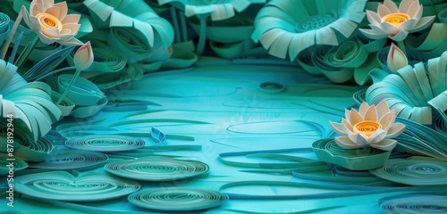 Turquoise paper quilling of a serene lotus pond, highlighting the beauty and tranquility of nature.