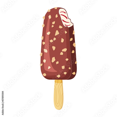Bitten Chocolate with nuts ice cream on a stick. Delicious dessert Cool refreshing dessert. Hand drawn flat style isolated summery appearance, whipped frozen chocolate cream. Vector illustration 