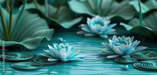 Turquoise paper quilling of a serene lotus pond, highlighting the beauty and tranquility of nature.