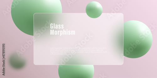 Green spheres and glass transparent frame, background in glass morphism style.