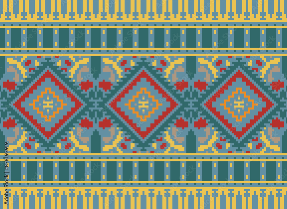 flower embroidery on cream background. ikat and cross stitch geometric seamless pattern ethnic oriental traditional. Aztec style illustration design for carpet, wallpaper, clothing, wrapping, batik. flower embroidery on cream background. ikat and cross stitch geometric seamless pattern ethnic oriental traditional. Aztec style illustration design for carpet, wallpaper, clothing, wrapping, batik.